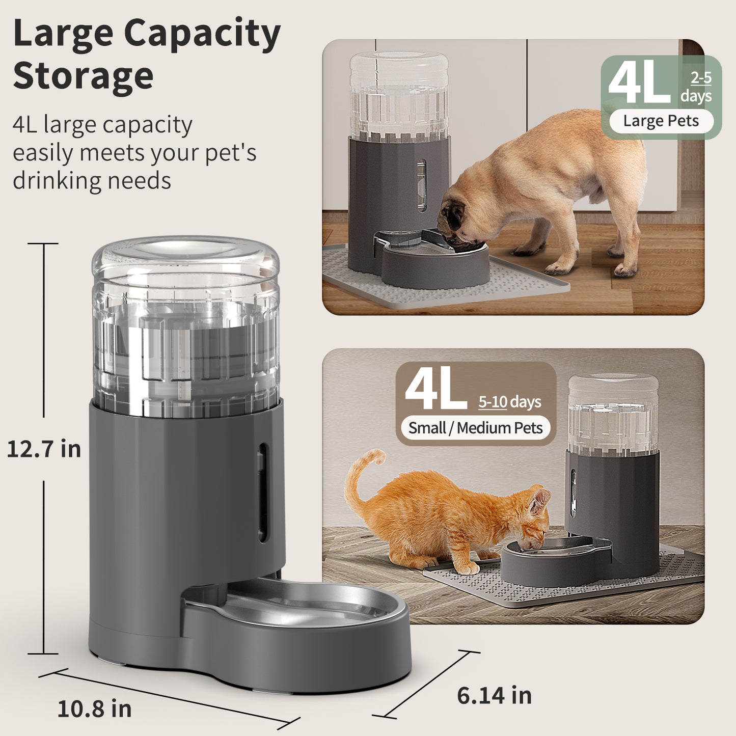 4L Cat Water Dispenser with Placemat and Stainless Steel Bowl